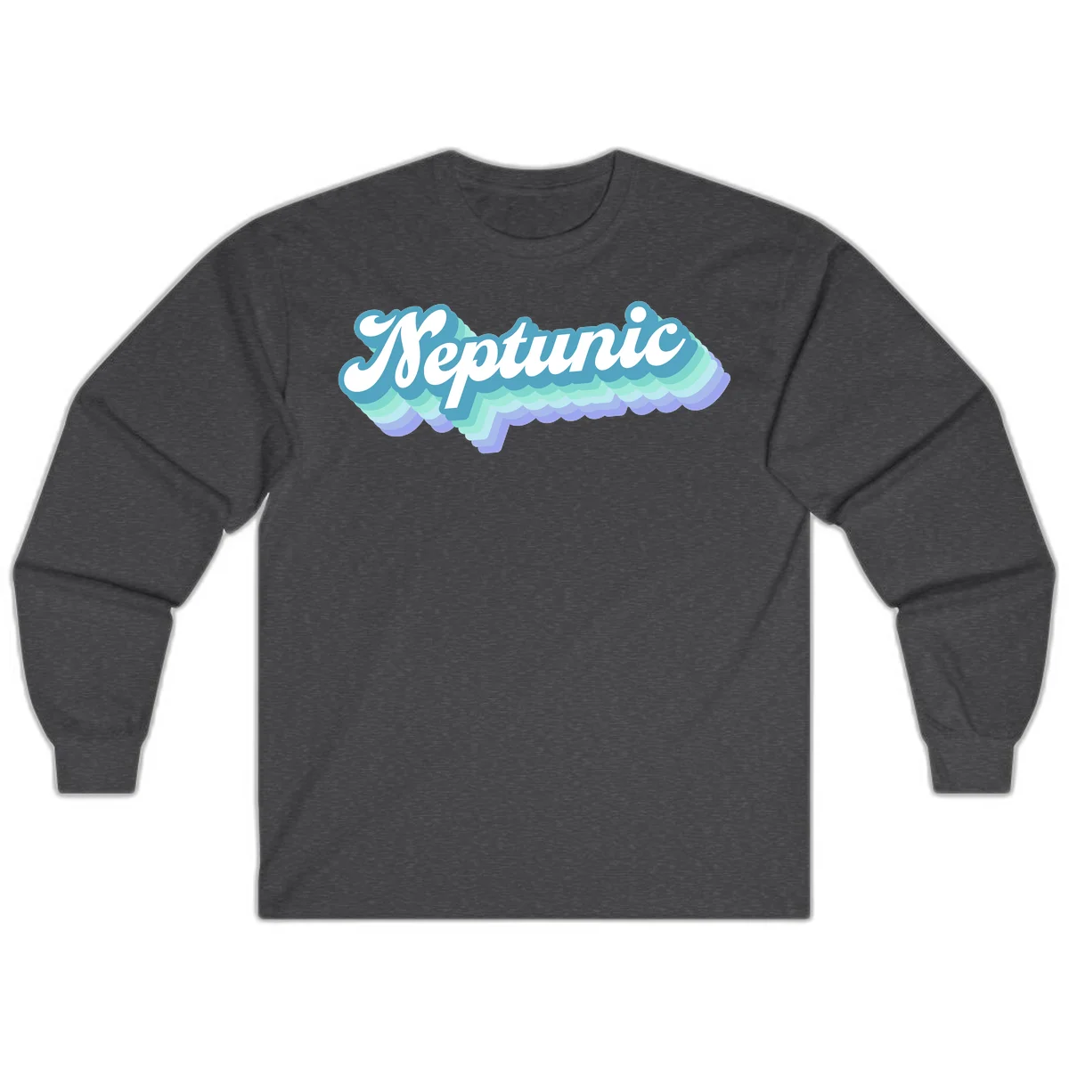 Neptune cloud dreamy design featuring white cursive text over layered teal, cyan, and purple scalloped cloud shapes with gradient background in Dark Heather