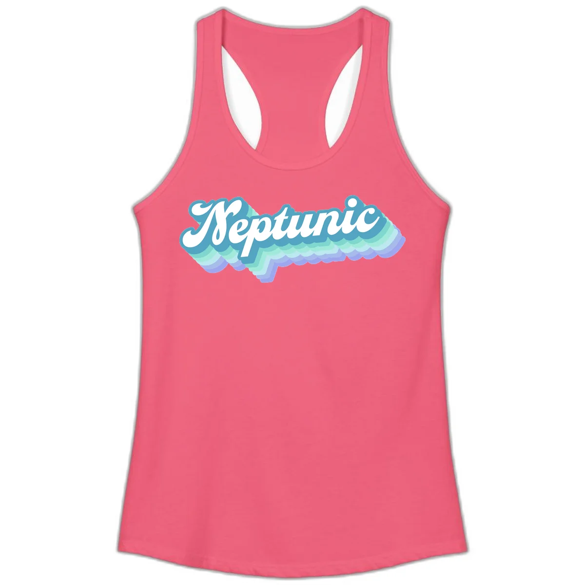 Neptune cloud dreamy design featuring white cursive text over layered teal, cyan, and purple scalloped cloud shapes with gradient background in Hot Pink