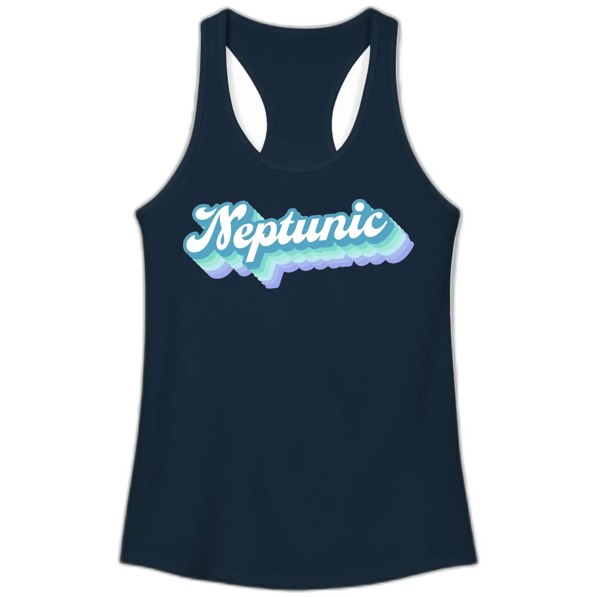 Neptune cloud dreamy design featuring white cursive text over layered teal, cyan, and purple scalloped cloud shapes with gradient background in Solid Midnight Navy