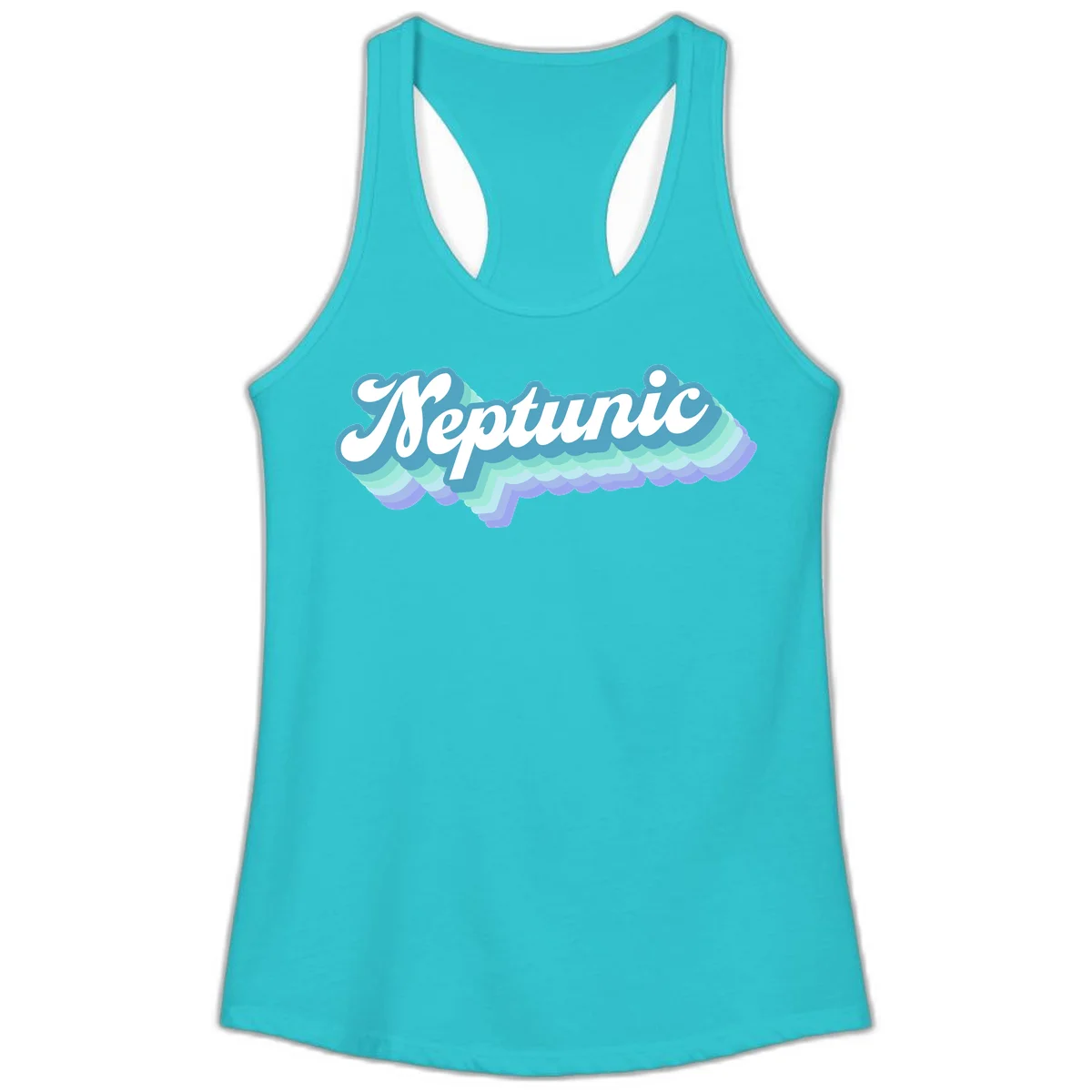 Neptune cloud dreamy design featuring white cursive text over layered teal, cyan, and purple scalloped cloud shapes with gradient background in Solid Tahiti Blue