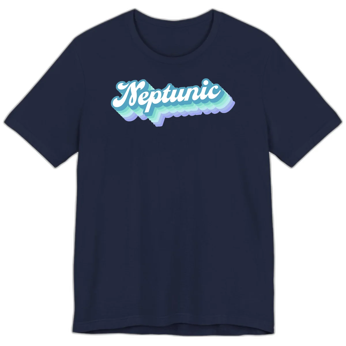 Neptune cloud dreamy design featuring white cursive text over layered teal, cyan, and purple scalloped cloud shapes with gradient background in Navy
