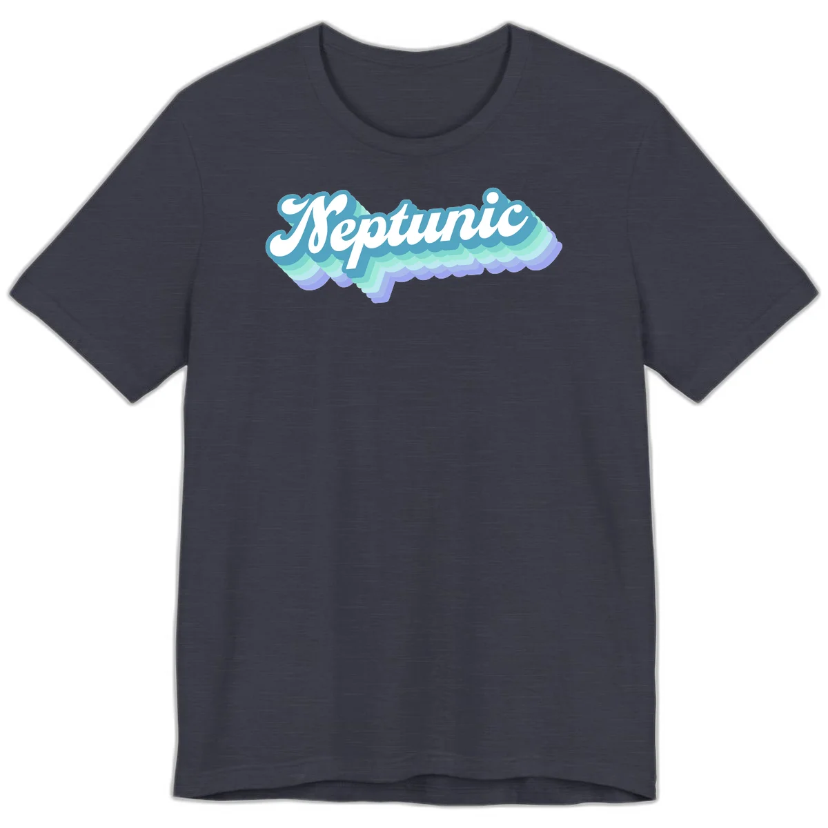Neptune cloud dreamy design featuring white cursive text over layered teal, cyan, and purple scalloped cloud shapes with gradient background in Heather Midnight Navy
