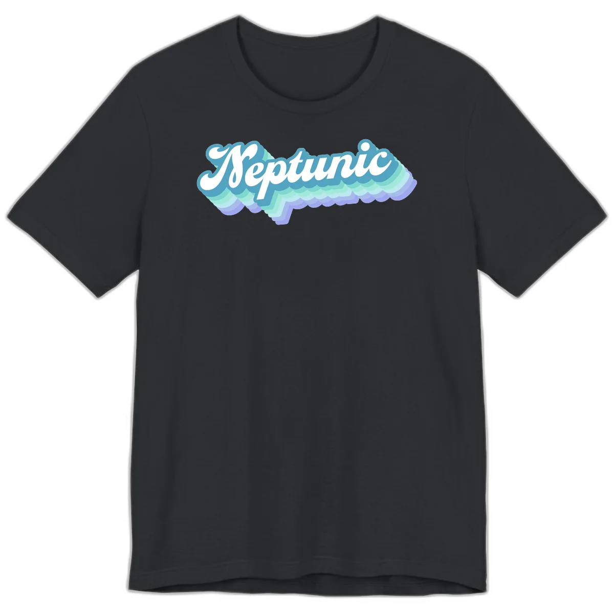 Neptune cloud dreamy design featuring white cursive text over layered teal, cyan, and purple scalloped cloud shapes with gradient background in Vintage Black