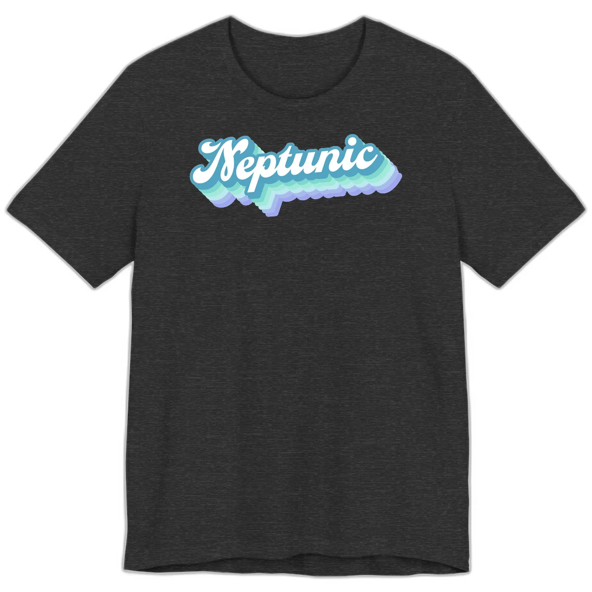 Neptune cloud dreamy design featuring white cursive text over layered teal, cyan, and purple scalloped cloud shapes with gradient background in Dark Grey Heather