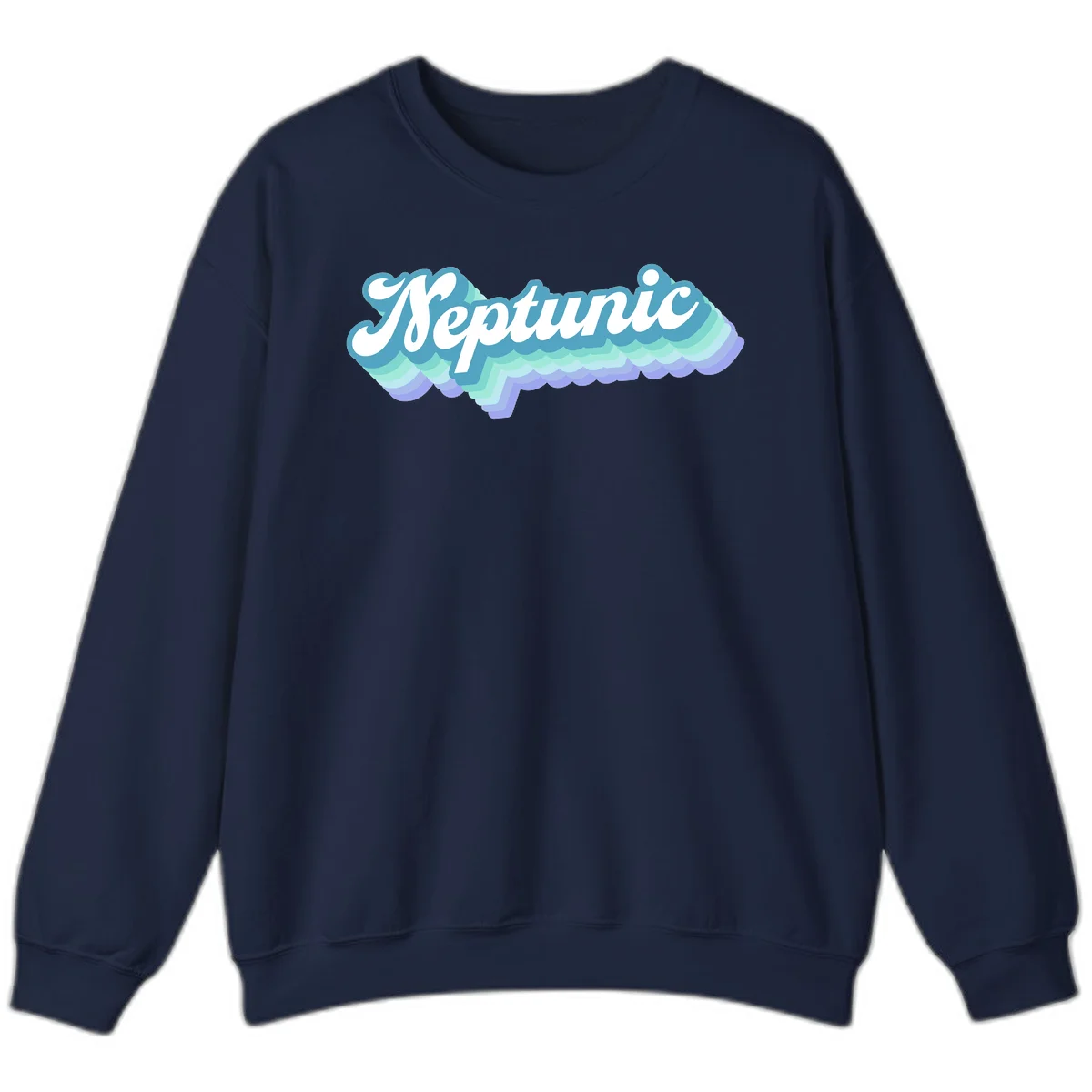 Neptune cloud dreamy design featuring white cursive text over layered teal, cyan, and purple scalloped cloud shapes with gradient background in Navy
