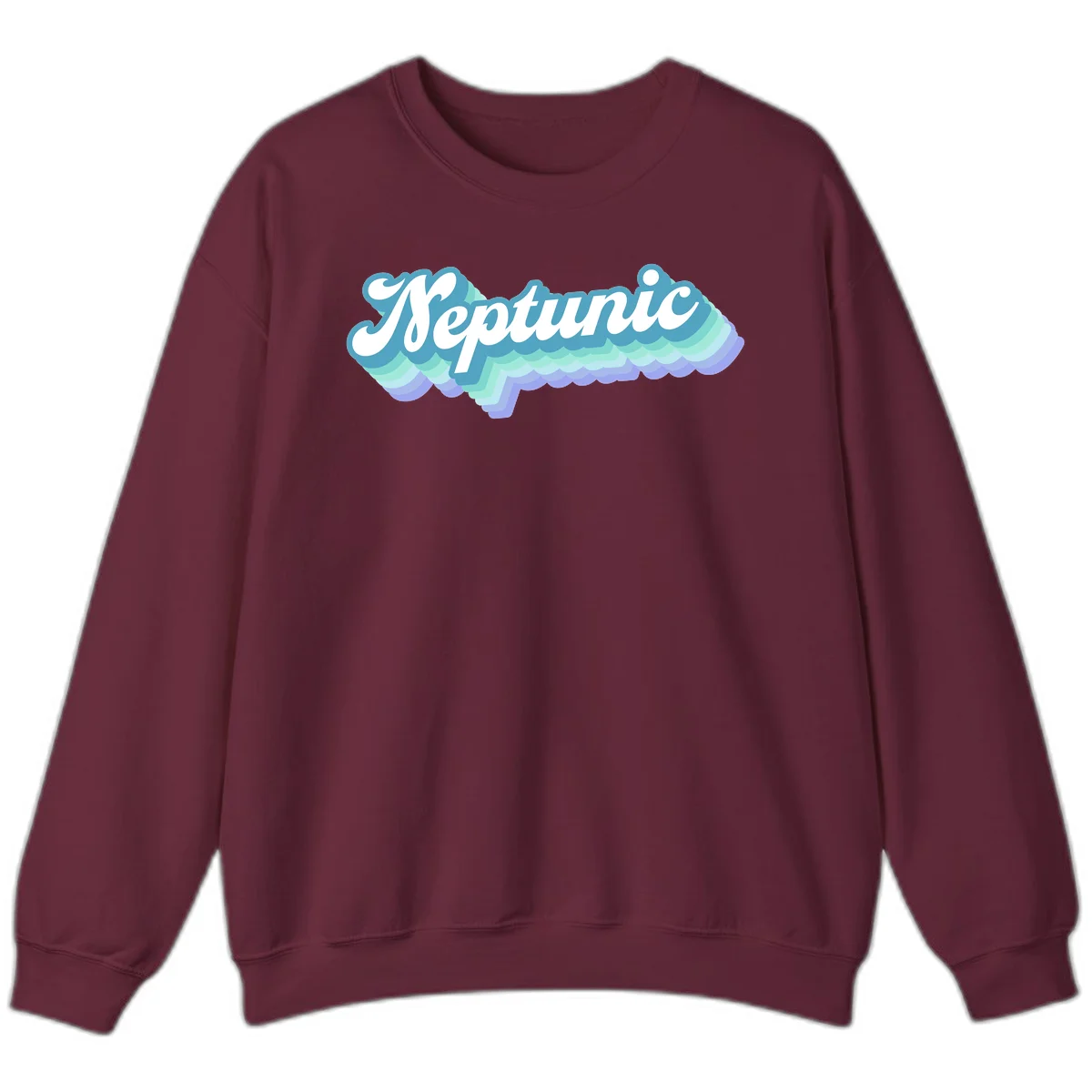 Neptune cloud dreamy design featuring white cursive text over layered teal, cyan, and purple scalloped cloud shapes with gradient background in Maroon