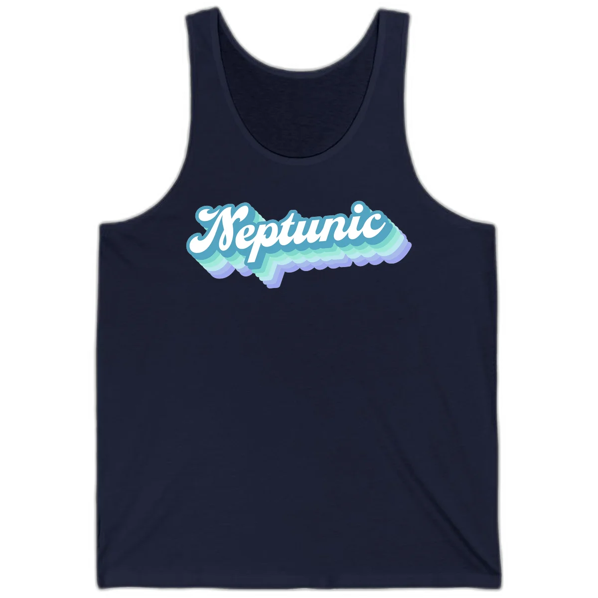 Neptune cloud dreamy design featuring white cursive text over layered teal, cyan, and purple scalloped cloud shapes with gradient background in Navy