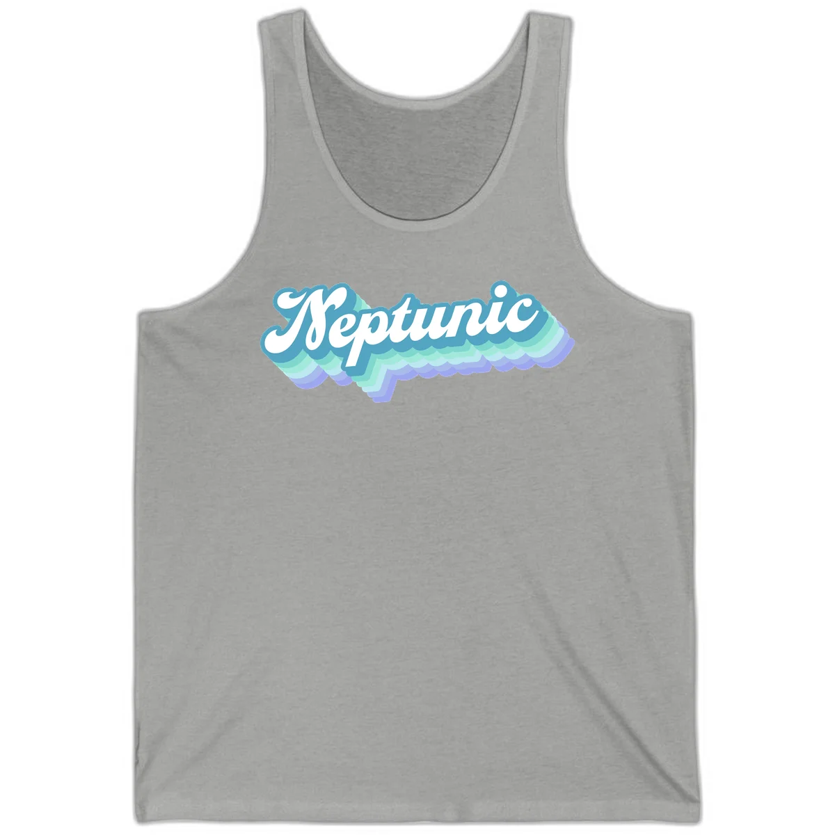 Neptune cloud dreamy design featuring white cursive text over layered teal, cyan, and purple scalloped cloud shapes with gradient background in Athletic Heather