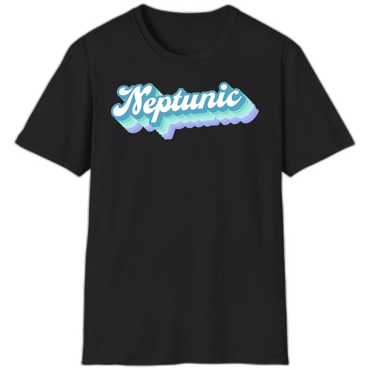 Neptune cloud dreamy design featuring white cursive text over layered teal, cyan, and purple scalloped cloud shapes with gradient background in Black
