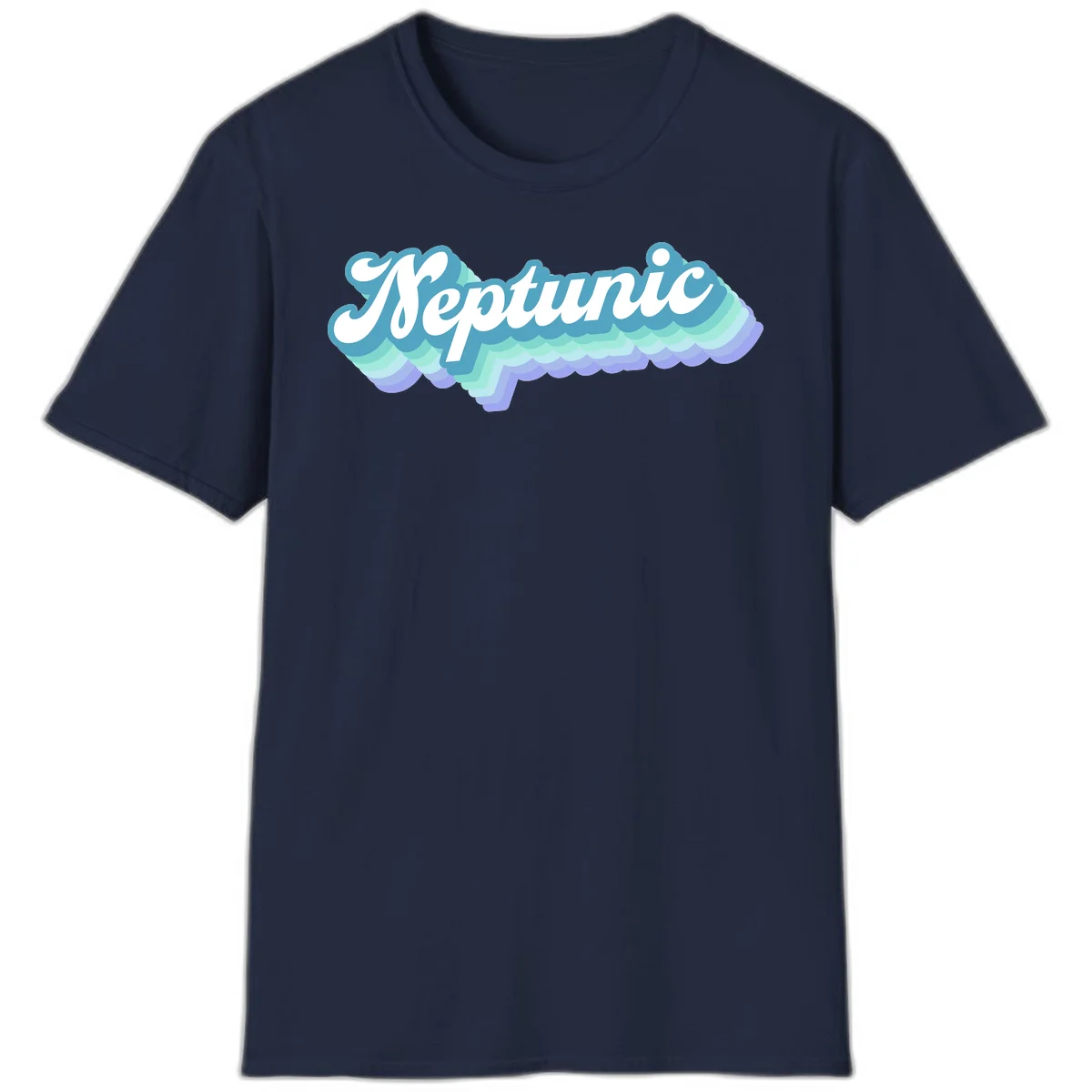Neptune cloud dreamy design featuring white cursive text over layered teal, cyan, and purple scalloped cloud shapes with gradient background in Navy