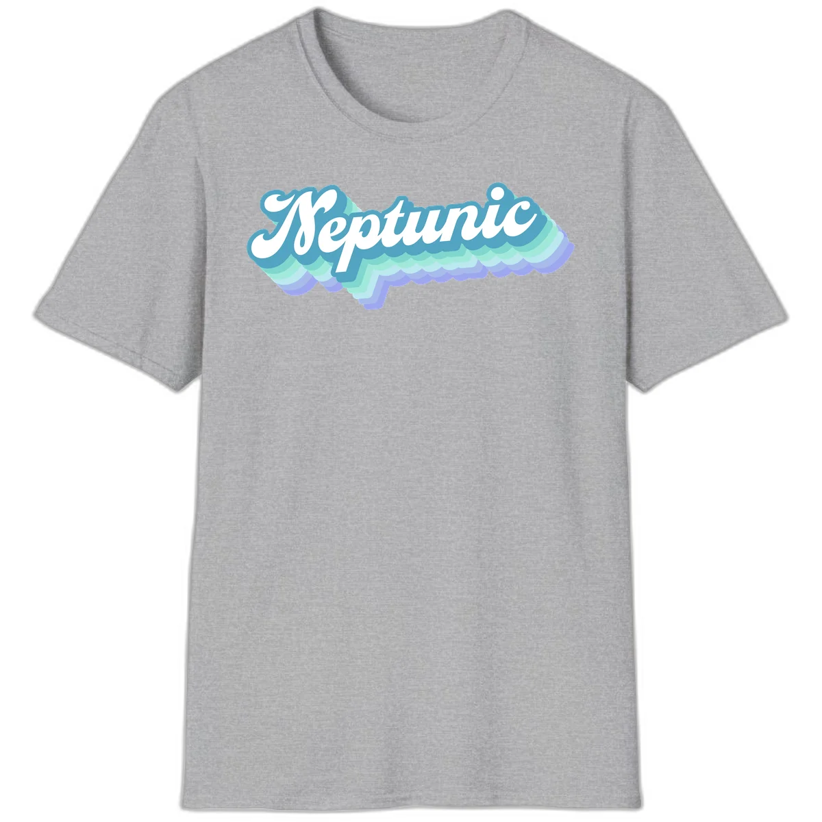 Neptune cloud dreamy design featuring white cursive text over layered teal, cyan, and purple scalloped cloud shapes with gradient background in Sport Grey