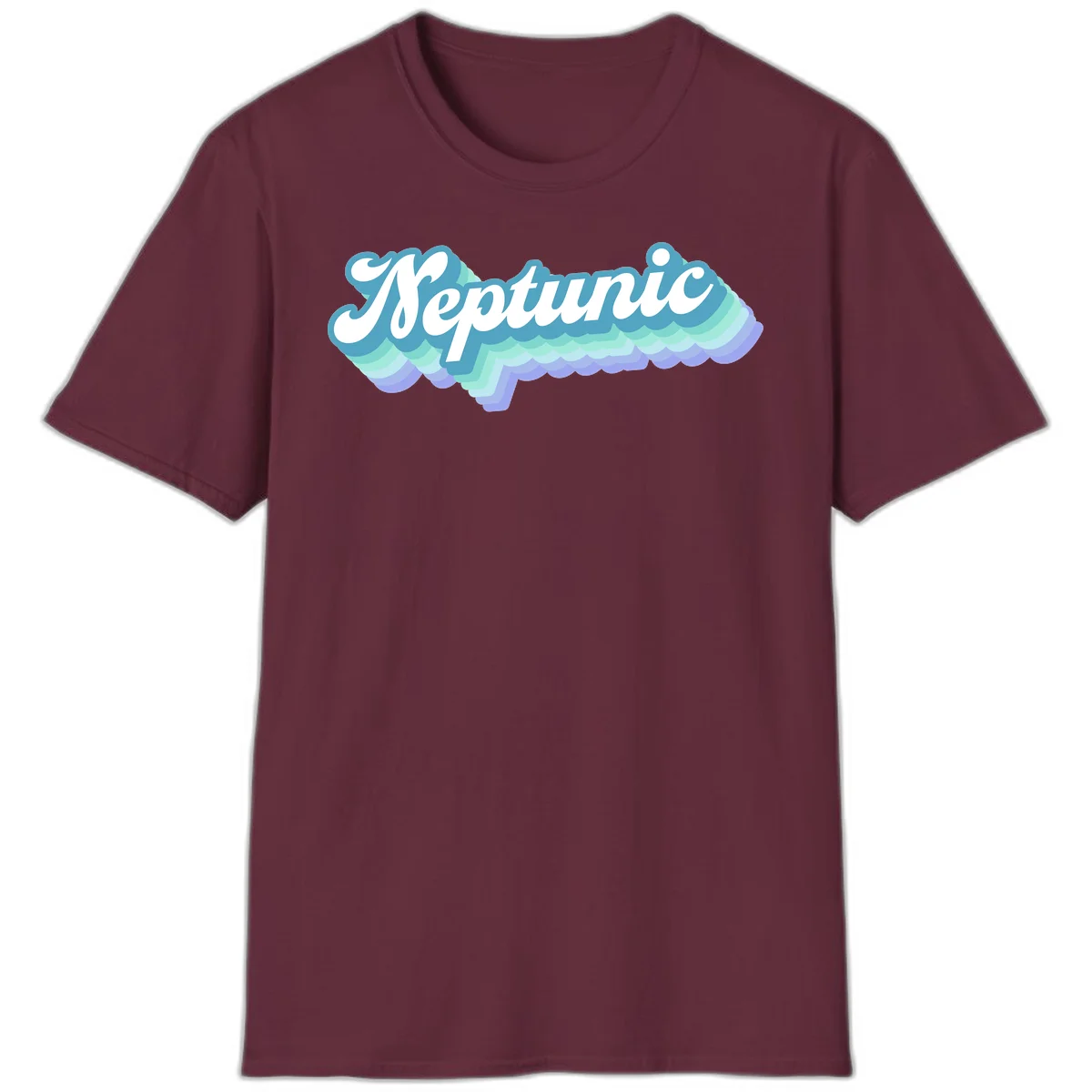 Neptune cloud dreamy design featuring white cursive text over layered teal, cyan, and purple scalloped cloud shapes with gradient background in Maroon