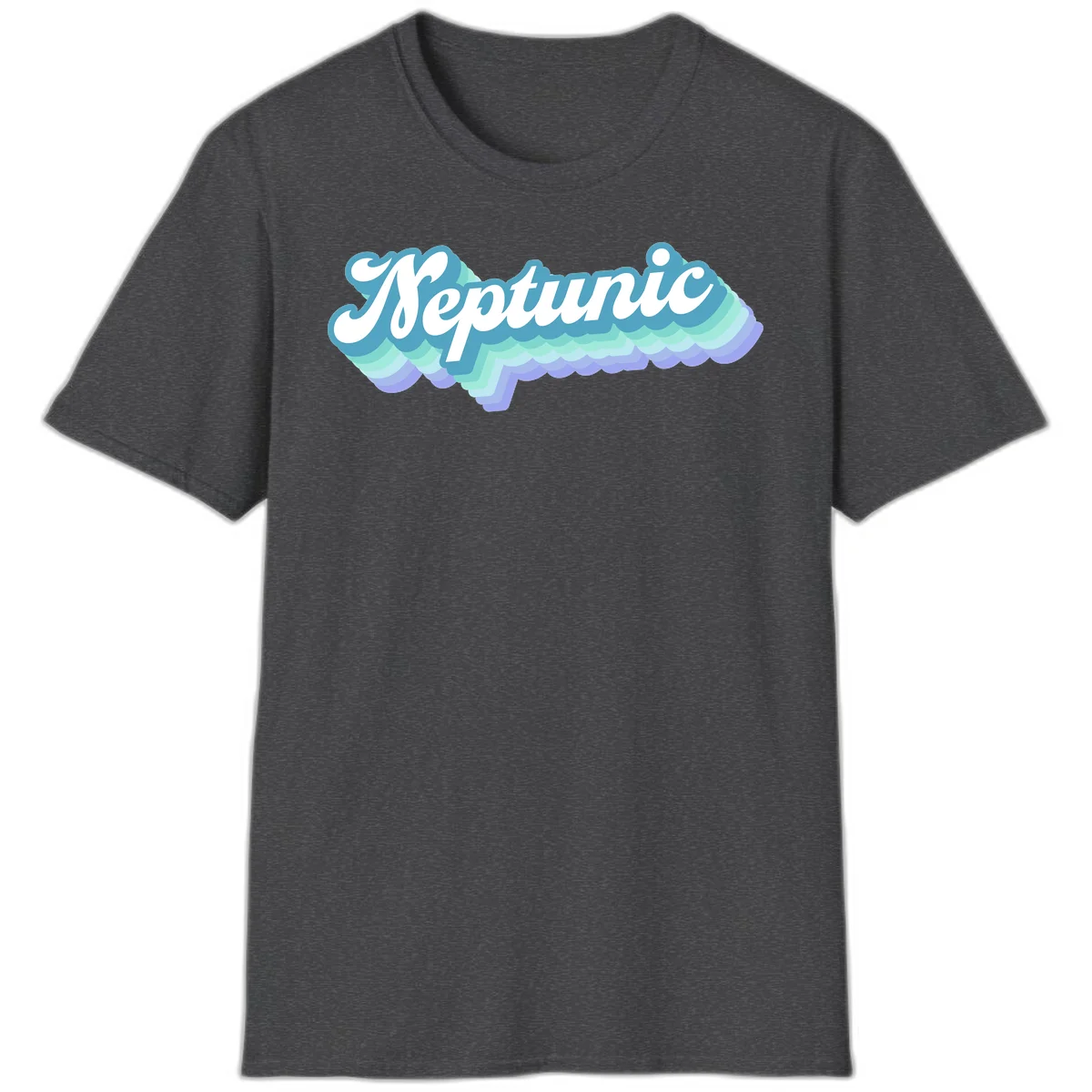 Neptune cloud dreamy design featuring white cursive text over layered teal, cyan, and purple scalloped cloud shapes with gradient background in Dark Heather