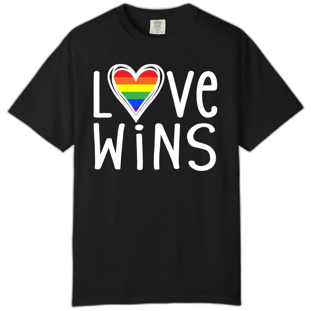Love wins rainbow heart design with pride flag colors in white outlined heart shape and text in Black