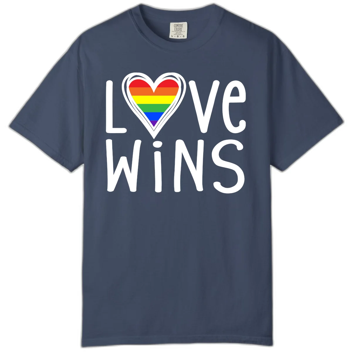 Love wins rainbow heart design with pride flag colors in white outlined heart shape and text in Midnight