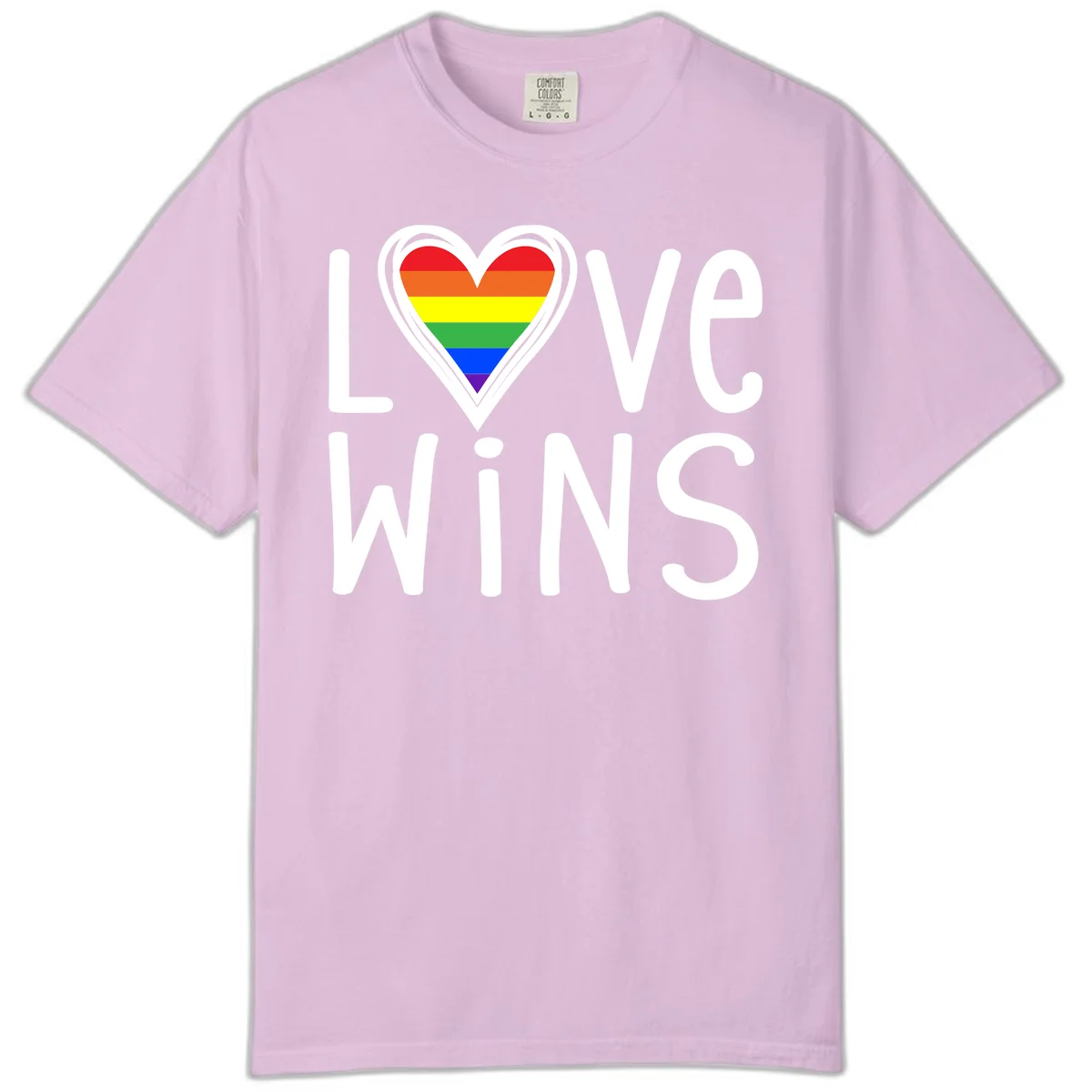 Love wins rainbow heart design with pride flag colors in white outlined heart shape and text in Orchid
