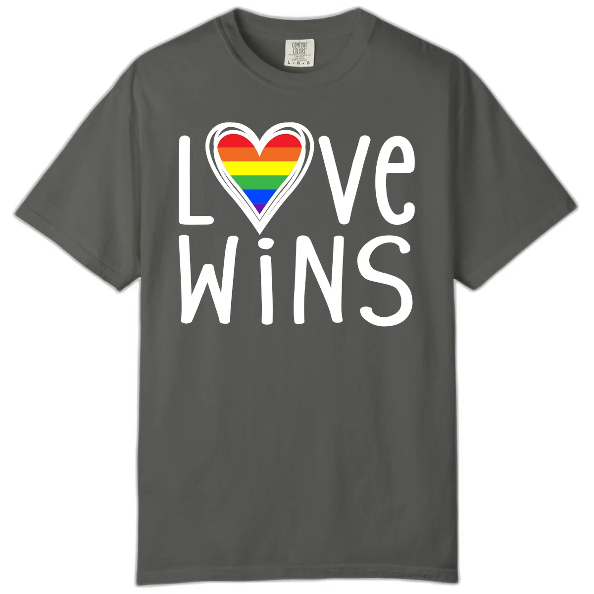 Love wins rainbow heart design with pride flag colors in white outlined heart shape and text in Pepper