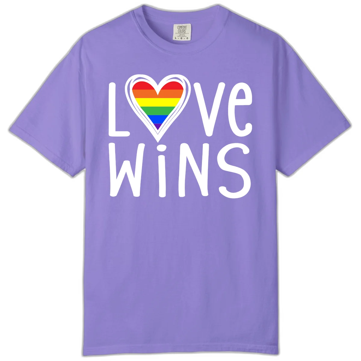 Love wins rainbow heart design with pride flag colors in white outlined heart shape and text in Violet