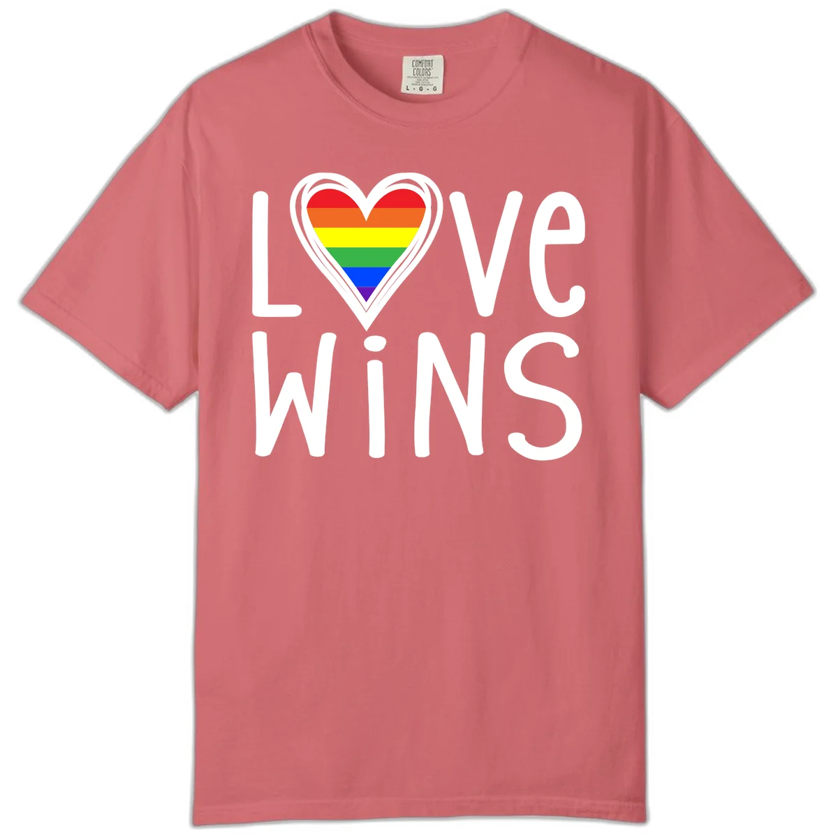 Love wins rainbow heart design with pride flag colors in white outlined heart shape and text in Watermelon