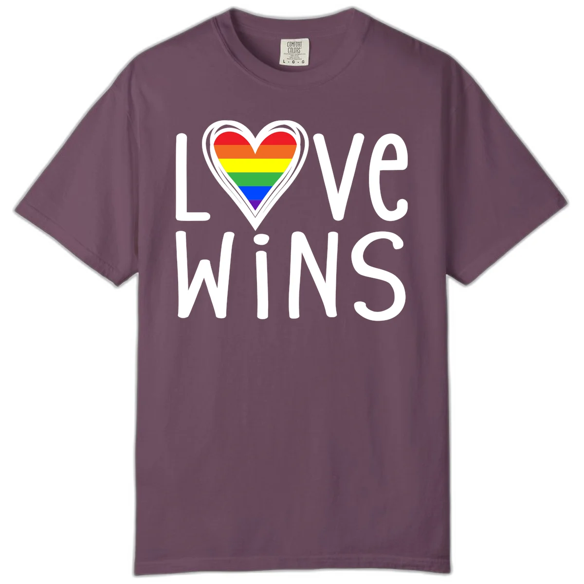 Love wins rainbow heart design with pride flag colors in white outlined heart shape and text in Berry