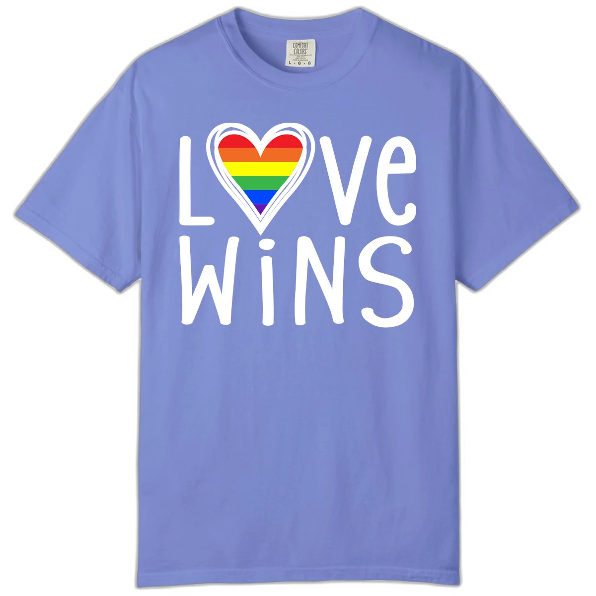 Love wins rainbow heart design with pride flag colors in white outlined heart shape and text in Flo Blue