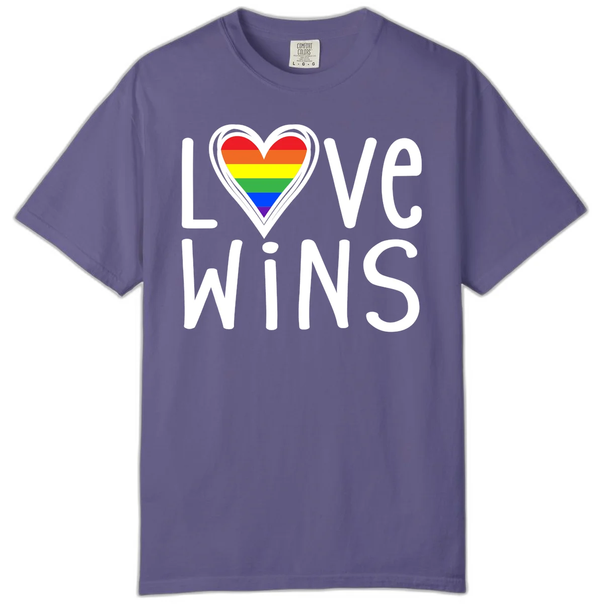 Love wins rainbow heart design with pride flag colors in white outlined heart shape and text in Grape