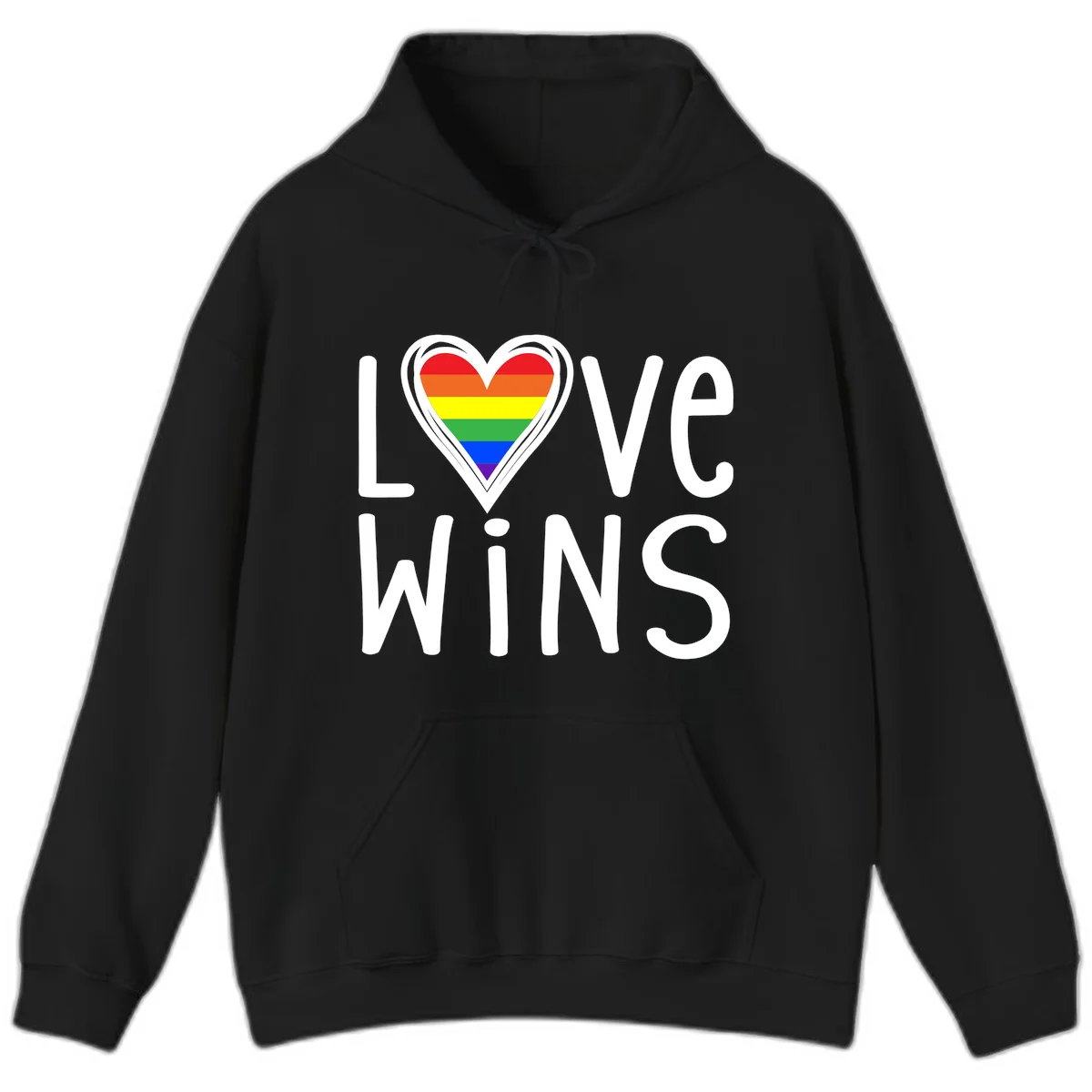 Love wins rainbow heart design with pride flag colors in white outlined heart shape and text in Black