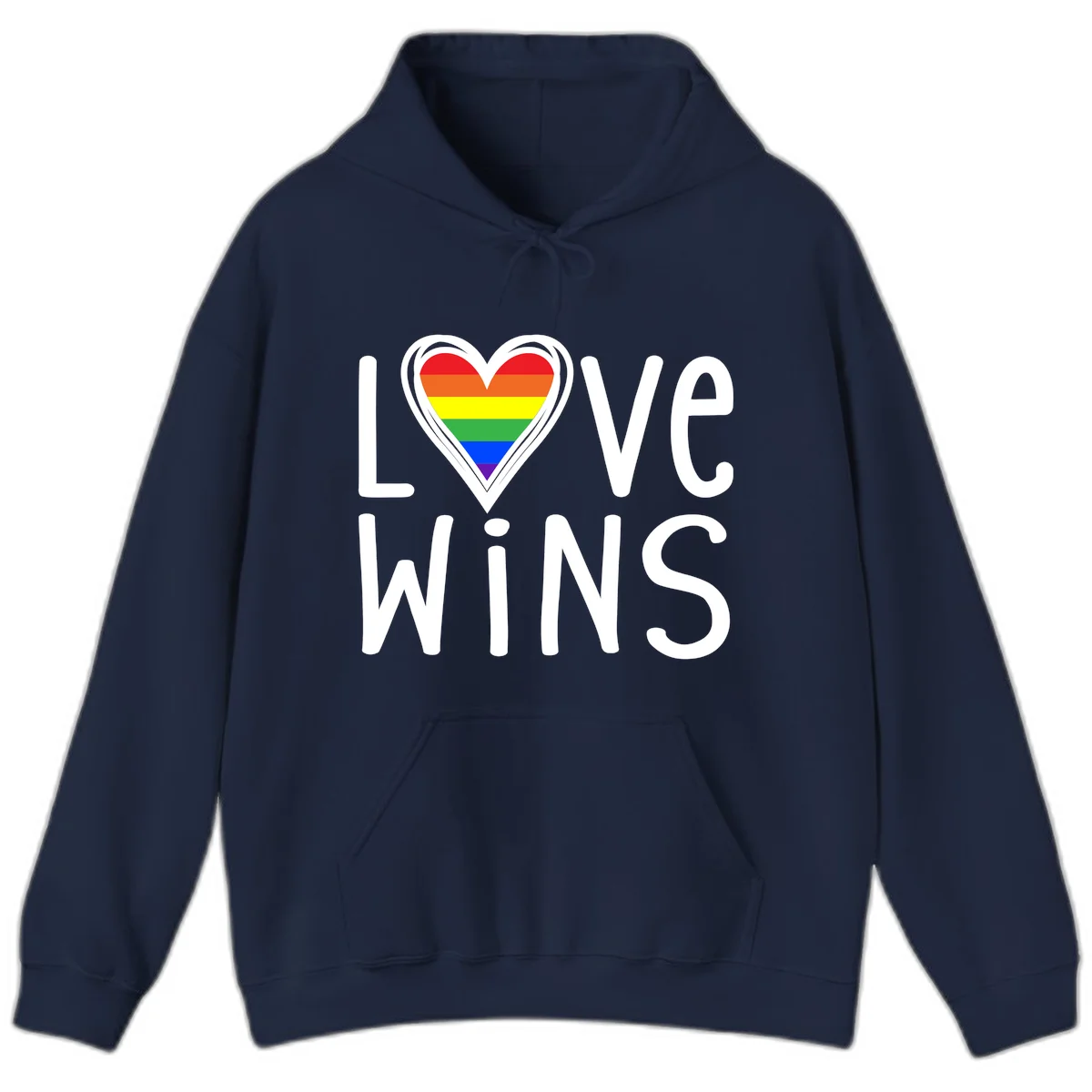 Love wins rainbow heart design with pride flag colors in white outlined heart shape and text in Navy