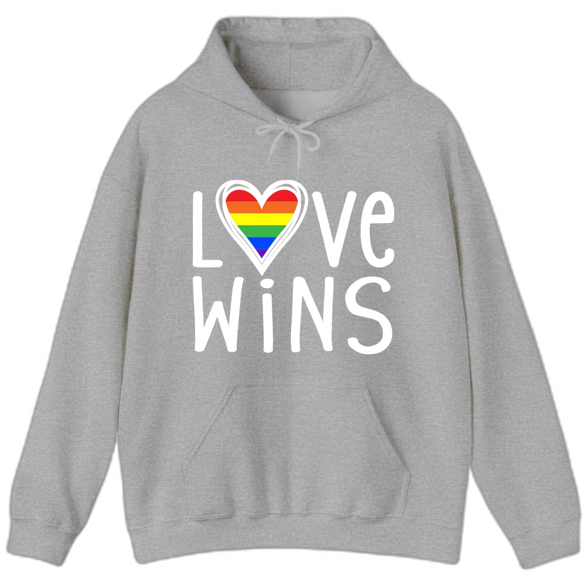 Love wins rainbow heart design with pride flag colors in white outlined heart shape and text in Sport Grey