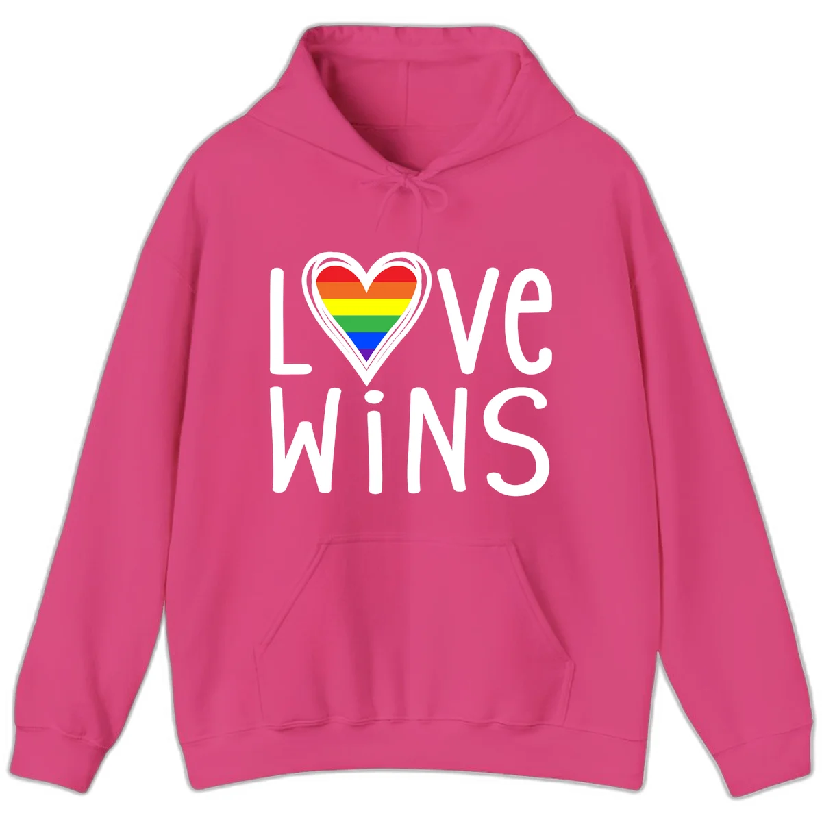 Love wins rainbow heart design with pride flag colors in white outlined heart shape and text in Heliconia