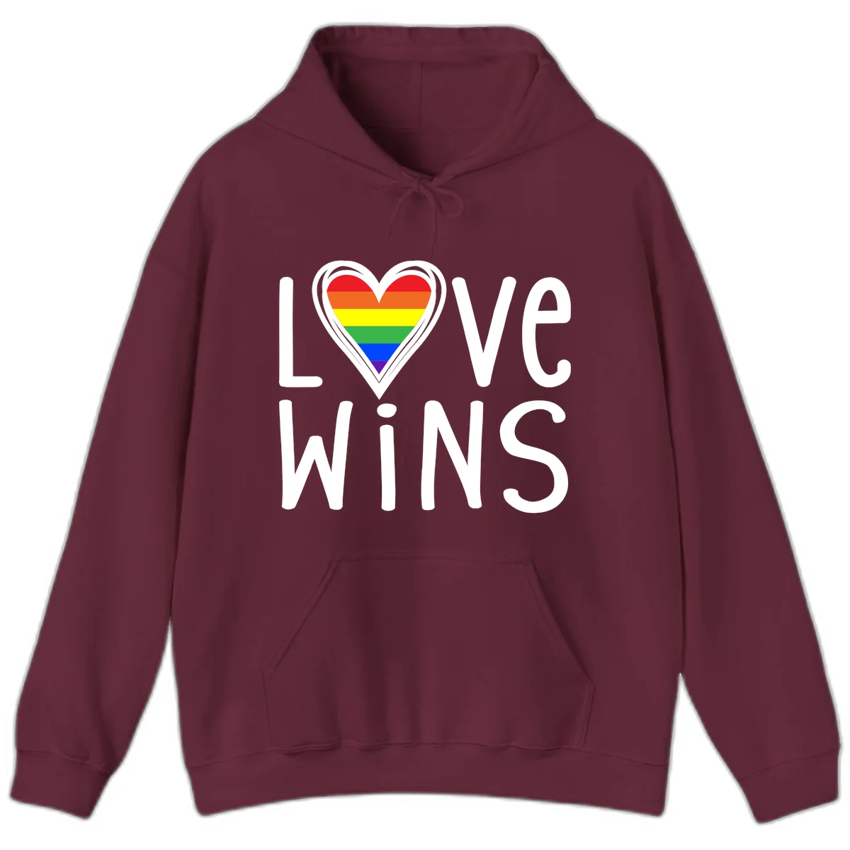 Love wins rainbow heart design with pride flag colors in white outlined heart shape and text in Maroon