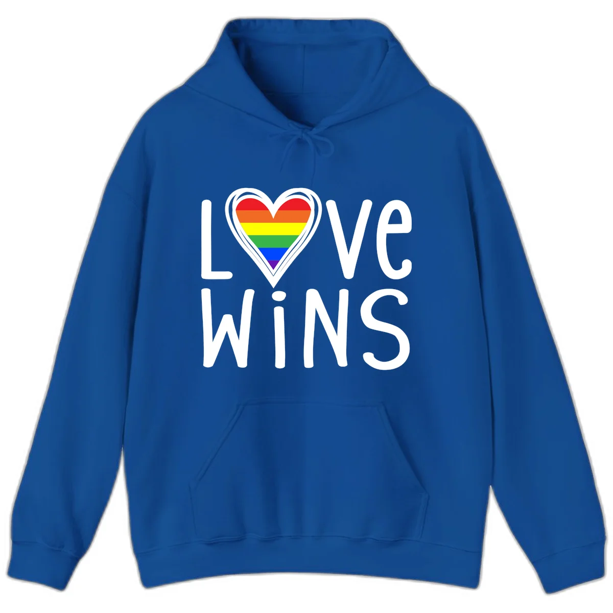 Love wins rainbow heart design with pride flag colors in white outlined heart shape and text in Royal