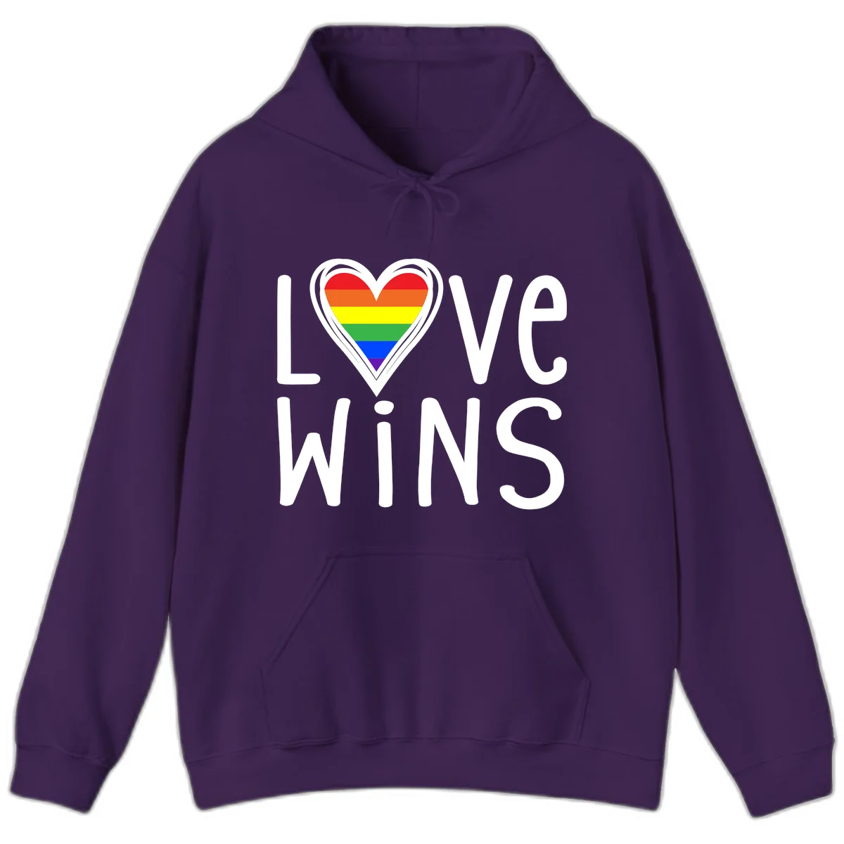 Love wins rainbow heart design with pride flag colors in white outlined heart shape and text in Purple