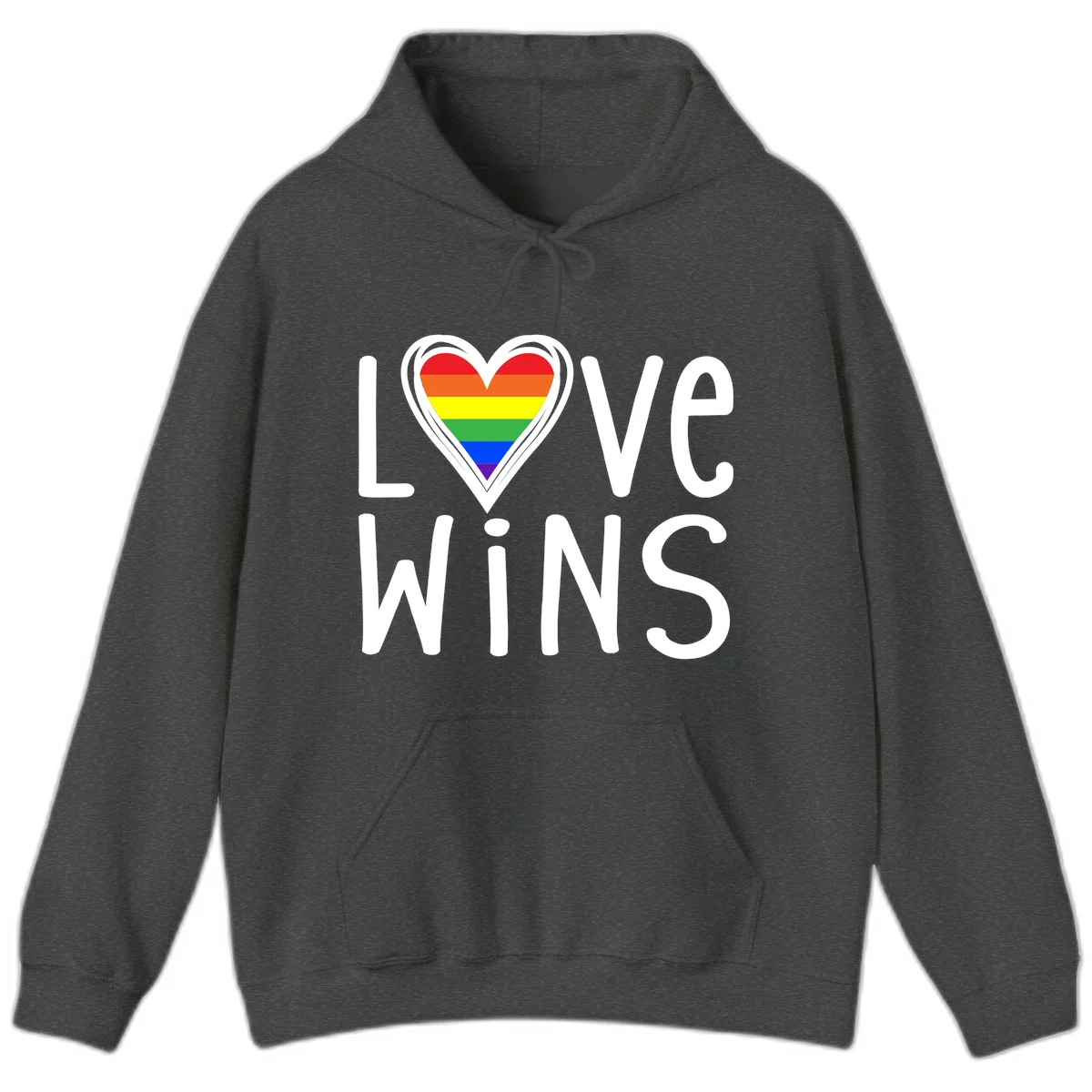 Love wins rainbow heart design with pride flag colors in white outlined heart shape and text in Dark Heather