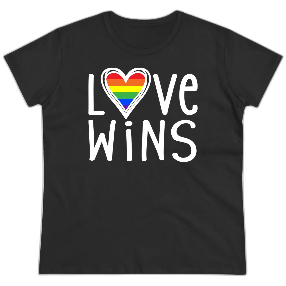 Love wins rainbow heart design with pride flag colors in white outlined heart shape and text in Black
