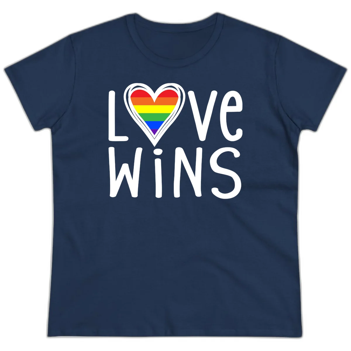 Love wins rainbow heart design with pride flag colors in white outlined heart shape and text in Navy