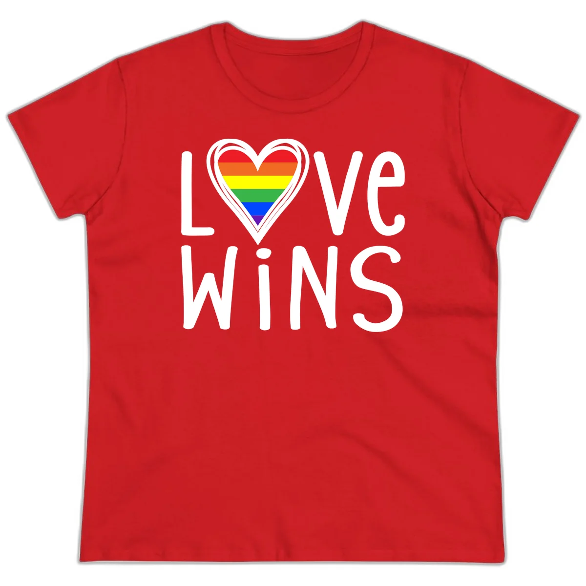 Love wins rainbow heart design with pride flag colors in white outlined heart shape and text in Red