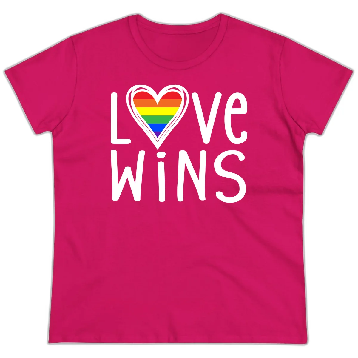 Love wins rainbow heart design with pride flag colors in white outlined heart shape and text in Heliconia