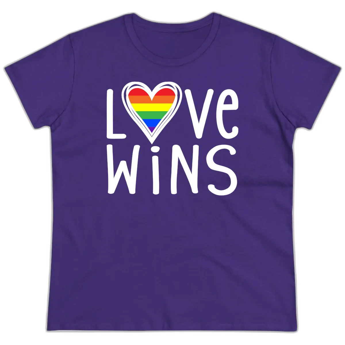 Love wins rainbow heart design with pride flag colors in white outlined heart shape and text in Purple