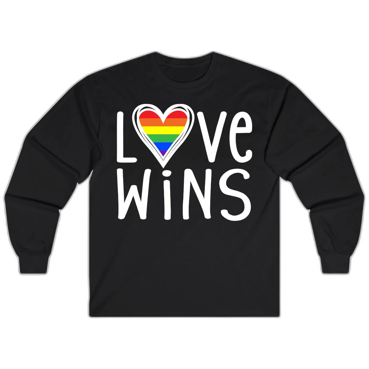 Love wins rainbow heart design with pride flag colors in white outlined heart shape and text in Black