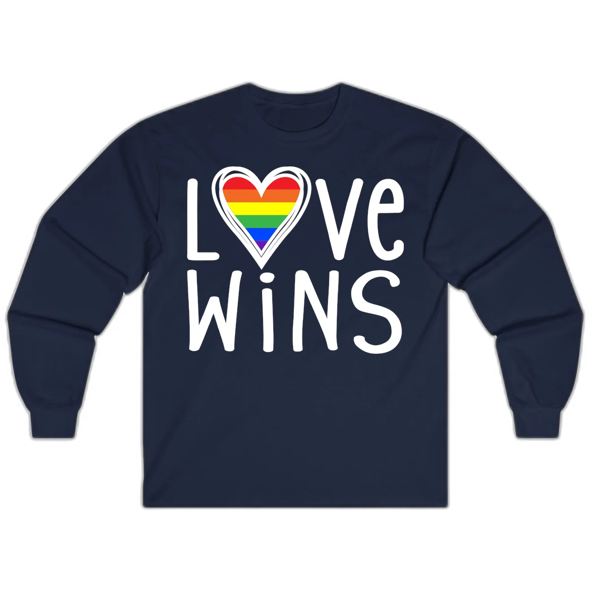 Love wins rainbow heart design with pride flag colors in white outlined heart shape and text in Navy