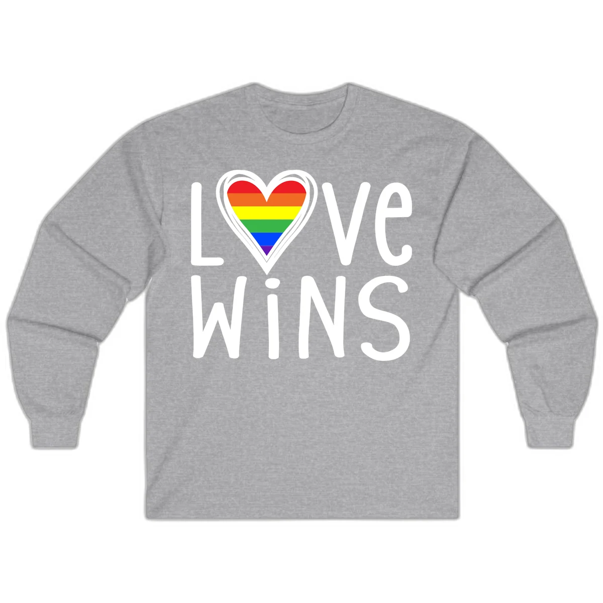 Love wins rainbow heart design with pride flag colors in white outlined heart shape and text in Sport Grey