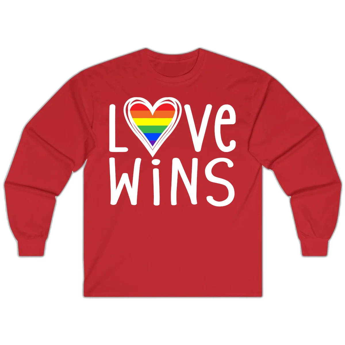 Love wins rainbow heart design with pride flag colors in white outlined heart shape and text in Red