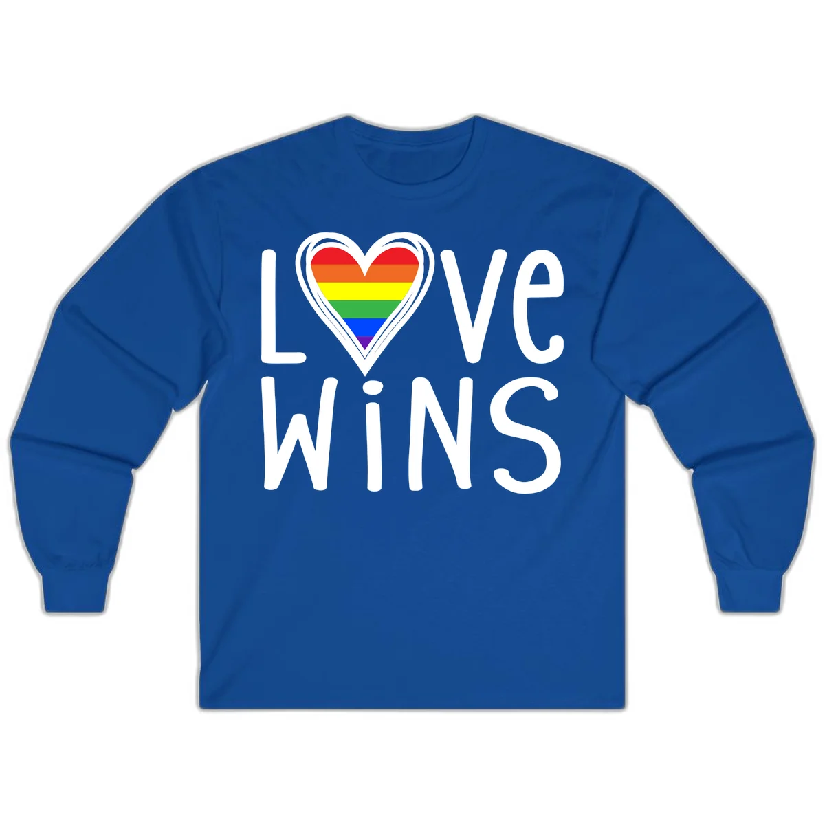 Love wins rainbow heart design with pride flag colors in white outlined heart shape and text in Royal