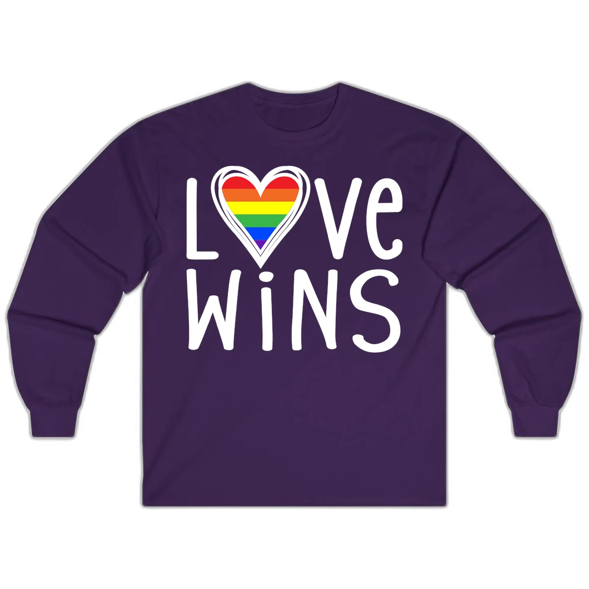 Love wins rainbow heart design with pride flag colors in white outlined heart shape and text in Purple