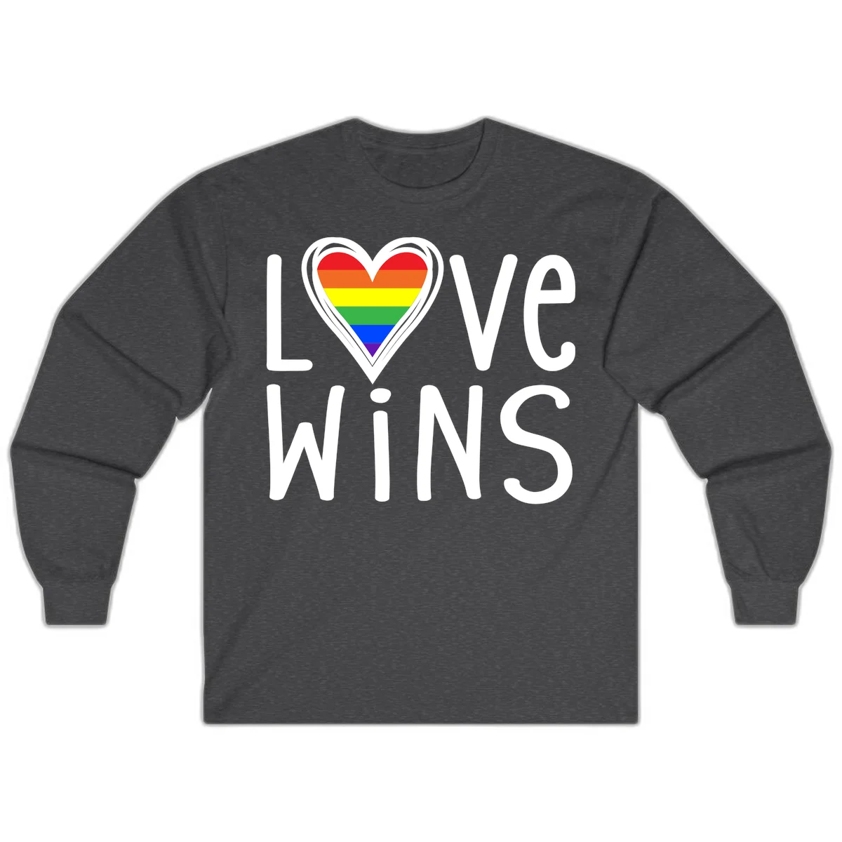 Love wins rainbow heart design with pride flag colors in white outlined heart shape and text in Dark Heather
