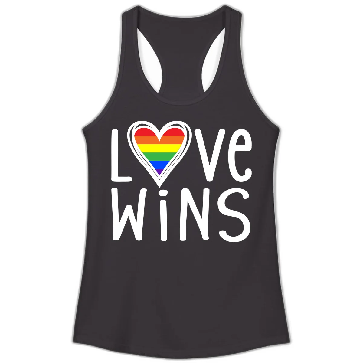 Love wins rainbow heart design with pride flag colors in white outlined heart shape and text in Black