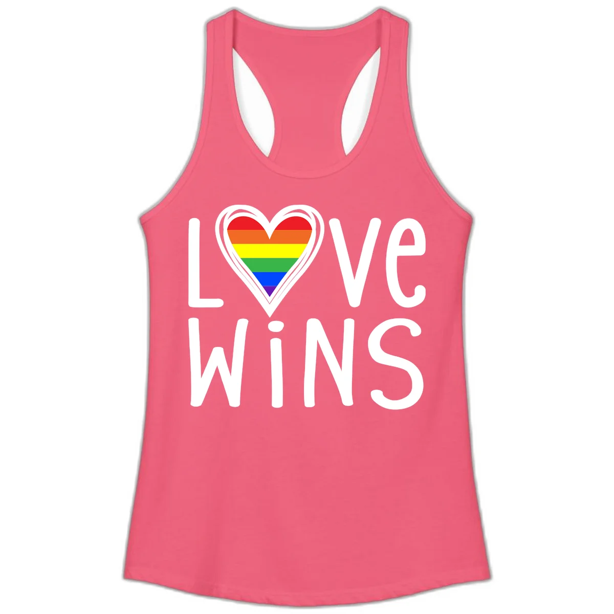 Love wins rainbow heart design with pride flag colors in white outlined heart shape and text in Hot Pink
