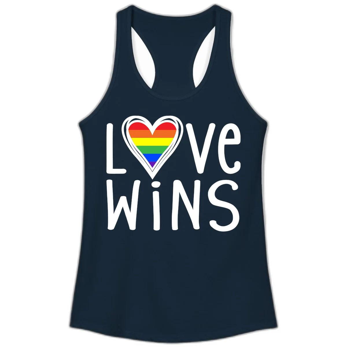 Love wins rainbow heart design with pride flag colors in white outlined heart shape and text in Solid Midnight Navy