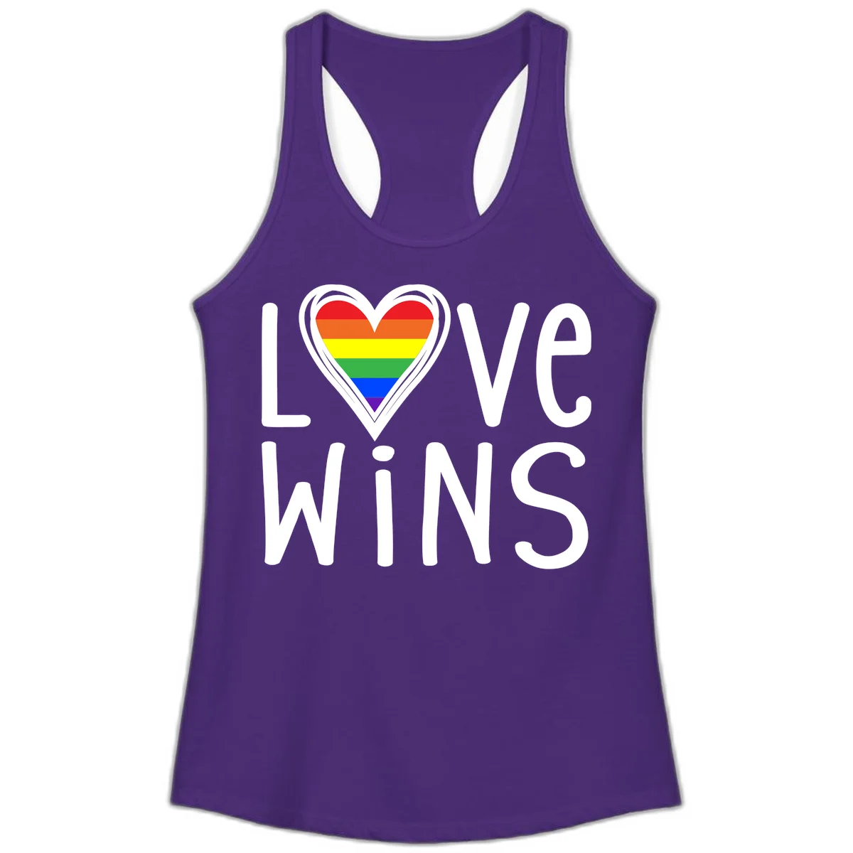 Love wins rainbow heart design with pride flag colors in white outlined heart shape and text in Solid Purple Rush